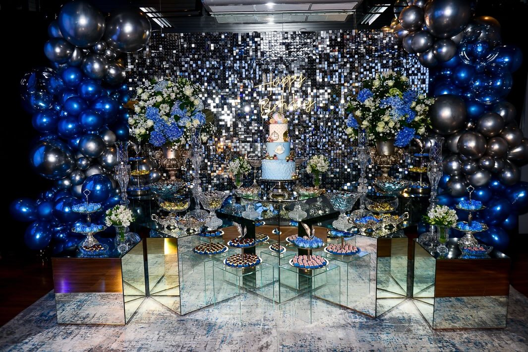Decoração 15 anos azul com balões e painel